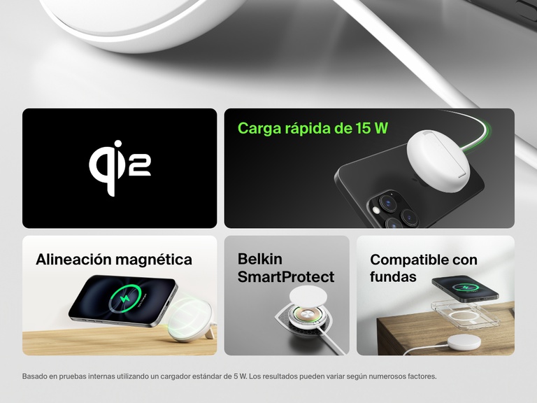 Infografía en la que se resaltan las funciones de la base magnética de carga inalámbrica con Qi2 de 15 W BoostCharge Pro de Belkin, como la carga rápida de 15 W, la alineación magnética, el sistema Belkin SmartProtect y la compatibilidad con fundas de teléfono.