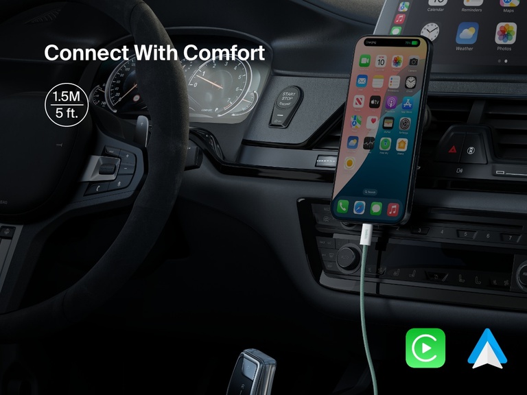 Belkin BoostCharge USB-C to USB-C Cable 240W in a car setup with a 1.5m length, enabling easy device access and seamless Apple CarPlay and Android Auto connectivity while charging.