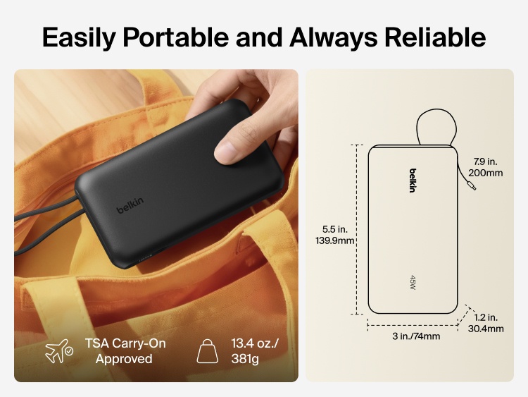 Belkin UltraCharge 20K 45W power bank with integrated cable designed for portable, TSA-approved travel with compact size and reliable on-the-go charging