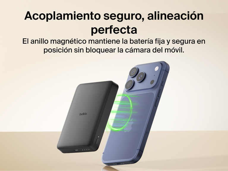 Belkin BoostCharge Slim Magnetic Power Bank 10K magnetically aligning to a smartphone for secure hold and wireless charging without blocking the camera