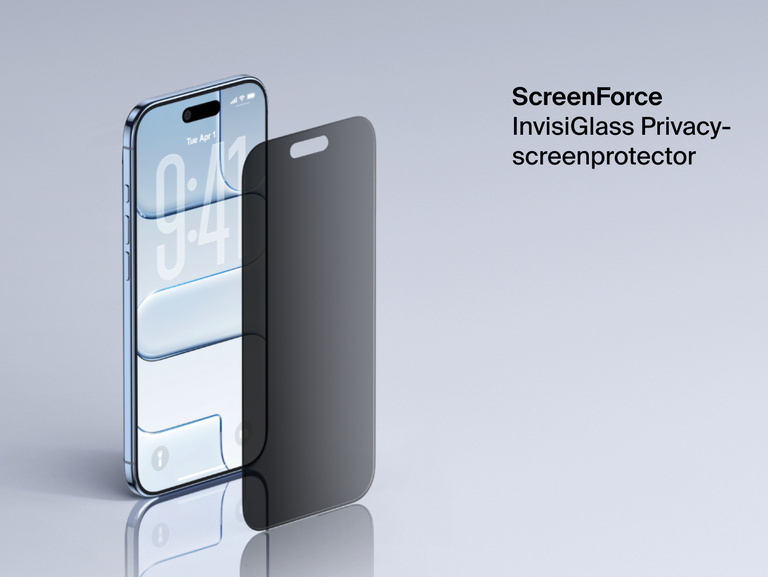 Belkin ScreenForce InvisiGlass Privacy Screen Protector for iPhone adds screen protection with side-angle privacy filter.