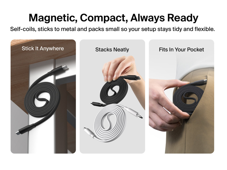 Lifestyle image showing Belkin BoostCharge Pro Magnetic USB-C Cable 240W self-coiling to stay organized, stacking neatly, and packing compactly for tidy, flexible setups at home or on the go.