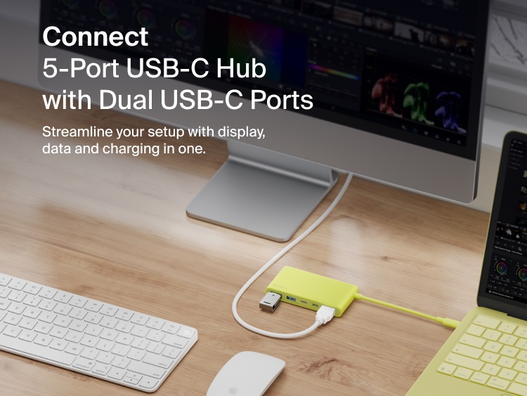 Belkin Connect 5-Port USB-C Hub with Dual USB-C Ports shown on a desk connecting a laptop and monitor for display, data transfer, and charging.