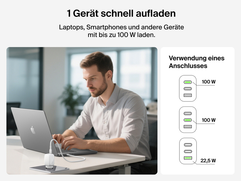 BoostCharge Pro 3-Port GaN Wall Charger 100W powering a laptop at a desk, demonstrating single-port use for fast, efficient 100W charging across USB-C and USB-A ports.