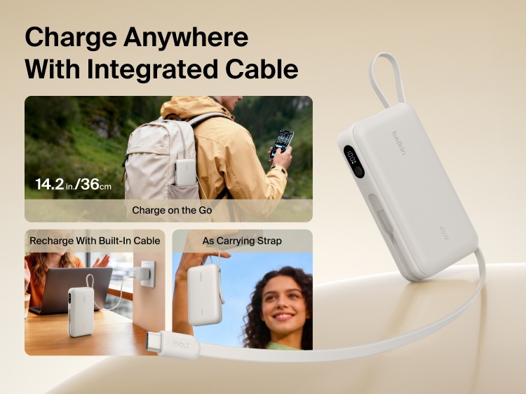 Belkin UltraCharge 20K 45W power bank with integrated USB-C cable for on-the-go charging, easy recharging, and convenient carry strap functionality