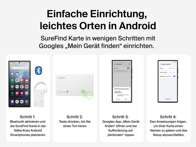 In einer Anleitung in vier Schritten wird gezeigt, wie sich die Belkin SureFind Karte mithilfe von Bluetooth f&uuml;r &bdquo;Mein Ger&auml;t finden&ldquo; von Google auf einem Android-Smartphone einrichten l&auml;sst.