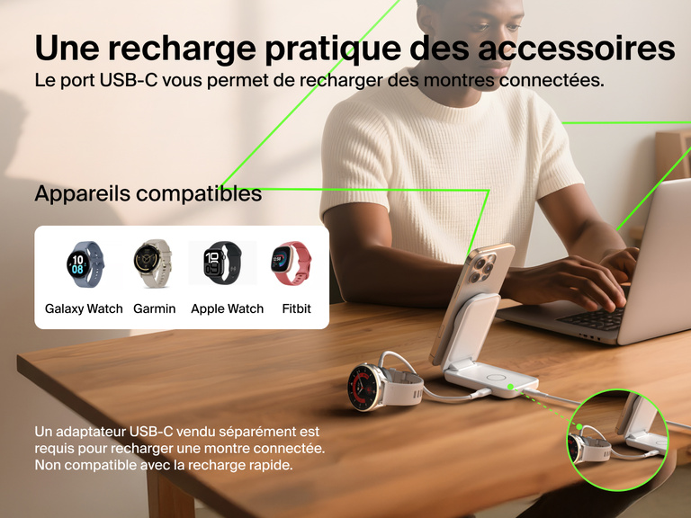 Le socle de recharge 2-en-1 aimanté et pliable Belkin UltraCharge avec Qi2 25 W rechargeant un iPhone et une montre connectée via le port USB-C, compatible avec les Apple Watch, Galaxy Watch, Garmin et Fitbit.