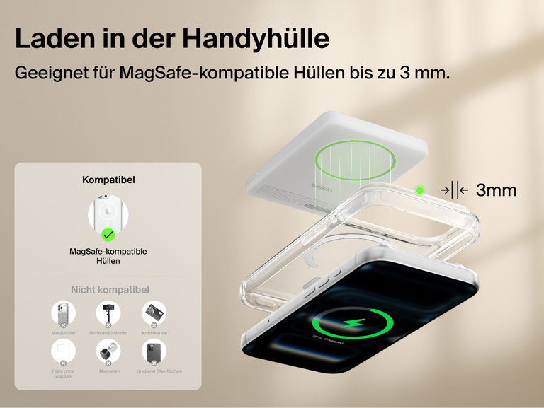 Belkin BoostCharge Slim Magnetic Power Bank 5K with Qi2 wirelessly charging a smartphone through a MagSafe-compatible case up to 3 mm thick for convenient everyday use.