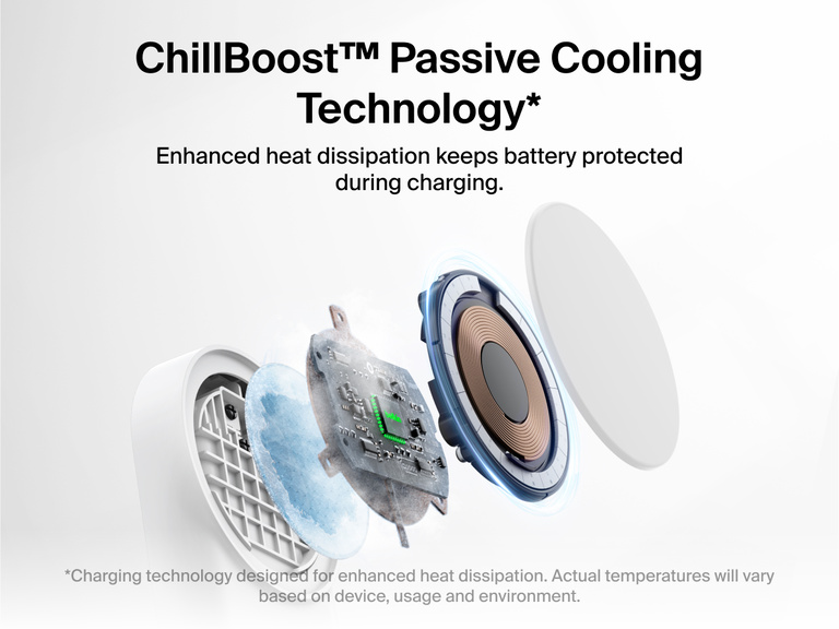 Belkin UltraCharge 2-in-1 Foldable Magnetic Charger with Qi2 25W featuring ChillBoost™ passive cooling technology for enhanced heat dissipation and battery protection during charging.