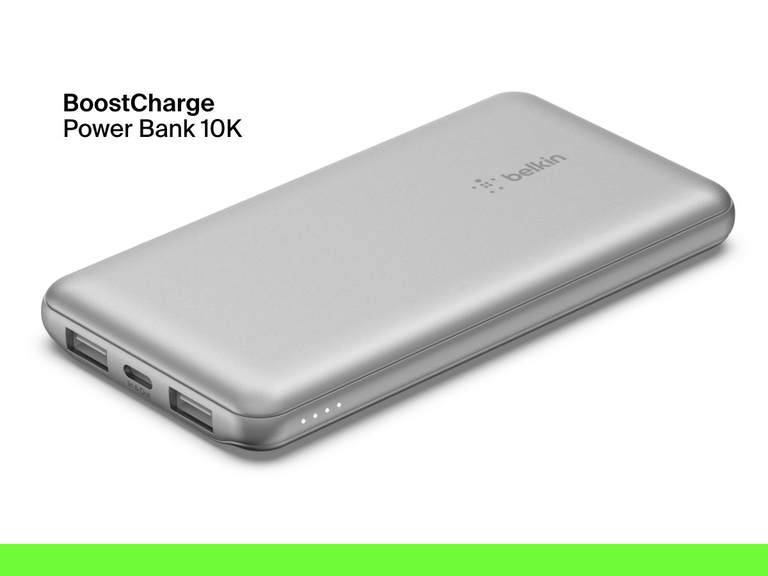 A silver Belkin BoostCharge Power Bank 10K is shown with dual USB-A ports, a USB-C port, and LED indicators for battery level.