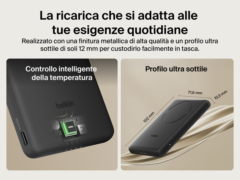 Belkin BoostCharge Slim Magnetic Power Bank 5K shown with smart thermal control and ultra-slim 0.5-inch profile designed for portable, pocket-friendly charging.