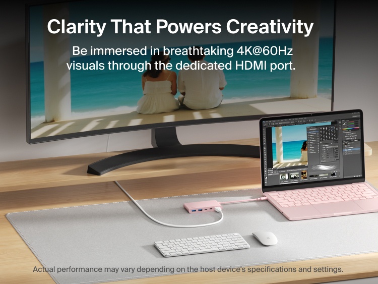Belkin Connect 5-Port USB-C Hub with Dual USB-C Ports connects a laptop to a monitor, delivering stunning 4K@60Hz visuals via the dedicated HDMI port.
