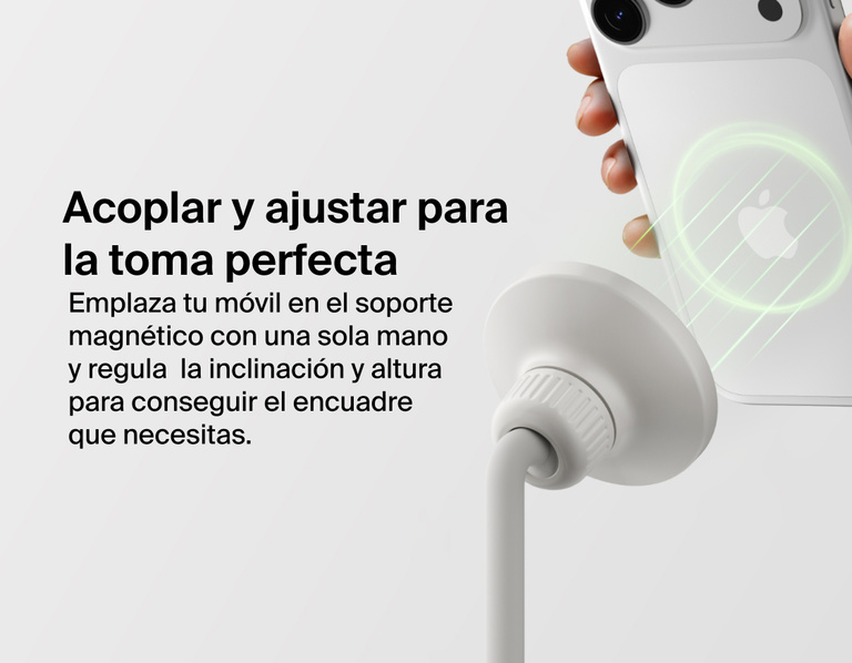 Image showing Belkin Stage Creator Kit magnetic mount attaching an iPhone with one hand, allowing easy snap-in setup and adjustable angles for optimal video recording.