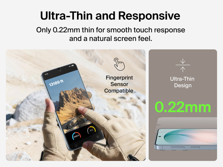 Belkin ScreenForce Titan EcoGuard Red Light Screen Protector for Samsung Galaxy S26 featuring an ultra-thin 0.22mm design that delivers smooth touch response and fingerprint sensor compatibility.