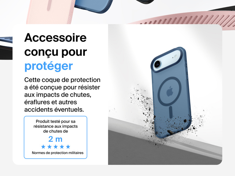 Belkin SheerForce Grip Series Case for iPhone 17 shown with textured grip and impact protection against drops.