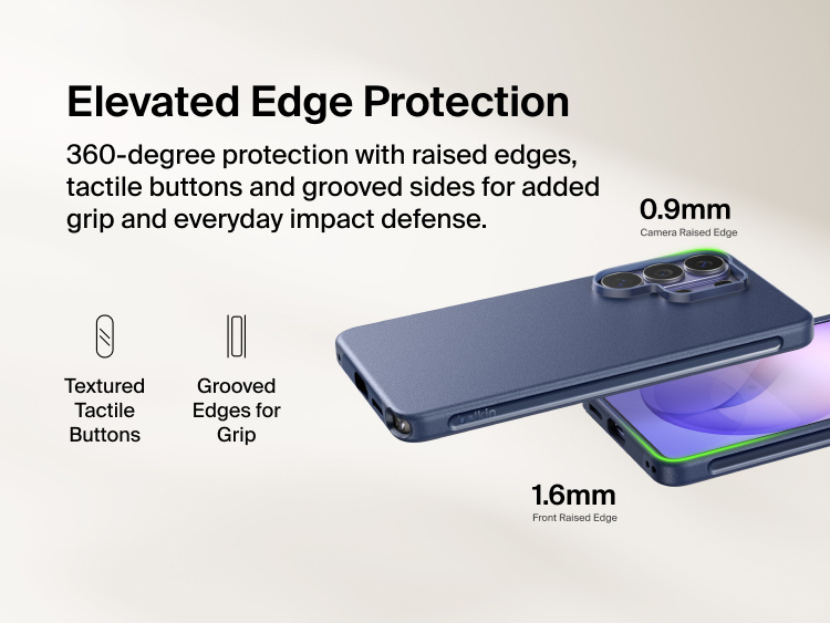 Belkin SheerForce Protect Series Case for Samsung Galaxy S26 featuring elevated edge protection with raised camera and screen edges, tactile buttons, and grooved sides for enhanced grip and everyday impact defense.