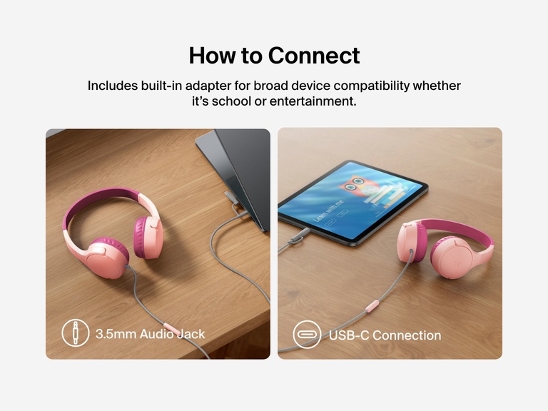 Side-by-side images showing Belkin Wired On-Ear Headphones for Kids connected to a laptop via 3.5mm audio jack and to a tablet via USB-C, demonstrating broad device compatibility.