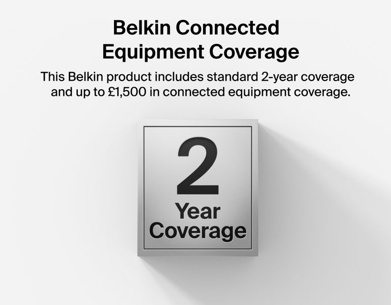 Image showing Belkin Stage Creator Kit featuring 2-year product warranty and up to $2,500 in connected equipment coverage for added protection and reliability.