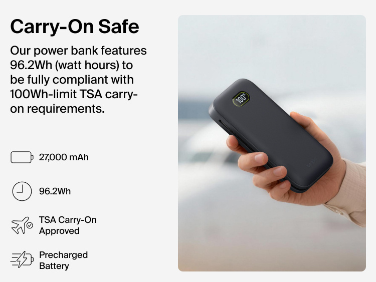 UltraCharge Pro Laptop Power Bank 27K with 27,000 mAh capacity and 96.2Wh rating, TSA carry-on compliant and designed for travel-ready portable charging