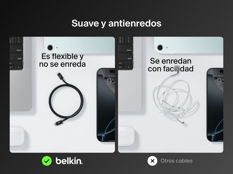Imagen en paralelo mostrando el cable USB-C a USB-C de 60 W Belkin BoostCharge, haciendo hincapié en sus cualidades de suavidad, flexibilidad y antienredos, en comparación con otros cables convencionales que se enmarañan con facilidad.