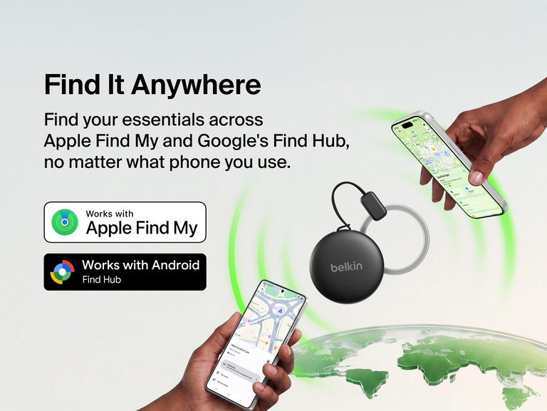 Belkin SureFind Spot works with Apple Find My and Google Find Hub to help locate essentials from compatible iPhone and Android devices.