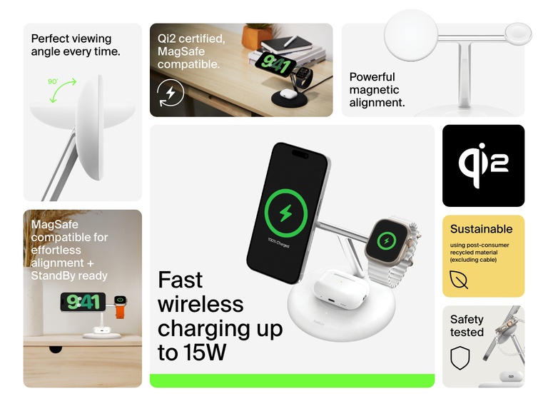 Image of a white Belkin BoostCharge Pro 3-in-1 Magnetic Wireless Charging Stand with Qi2 15W, highlighting fast wireless charging, adjustable viewing angle, MagSafe and Qi2 compatibility, powerful magnetic alignment, sustainable materials, and support for StandBy mode.