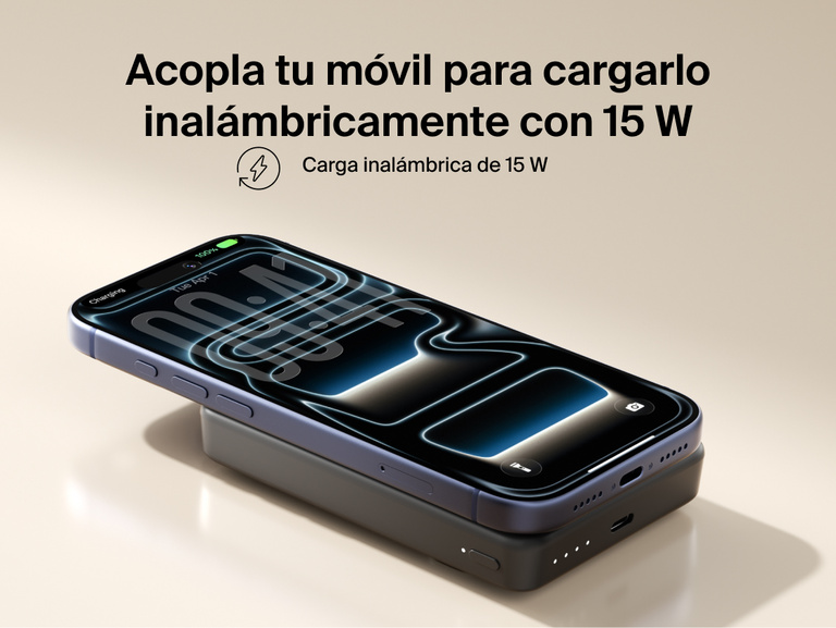 Slim Magnetic Power Bank 10K with Qi2 magnetically attached to smartphone demonstrating wireless charging capability
