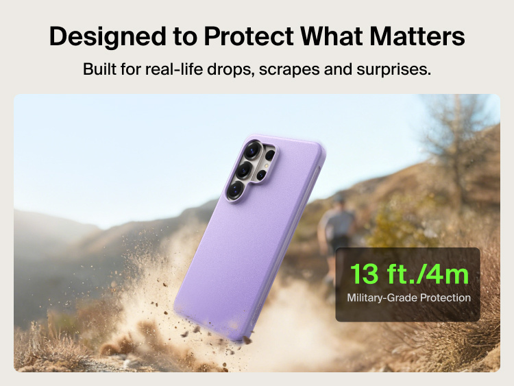 Belkin SheerForce Protect Series Case for Samsung Galaxy S26 shown with drop impact, highlighting durable everyday protection and up to 13 ft drop resistance for real-life use.