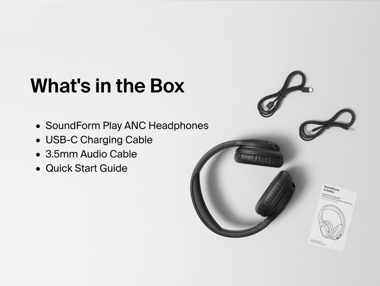 SoundForm Play Active Noise Cancelling Headphones for Kids packaging contents laid out, including the headphones, USB-C charging cable, 3.5mm audio cable, and quick start guide