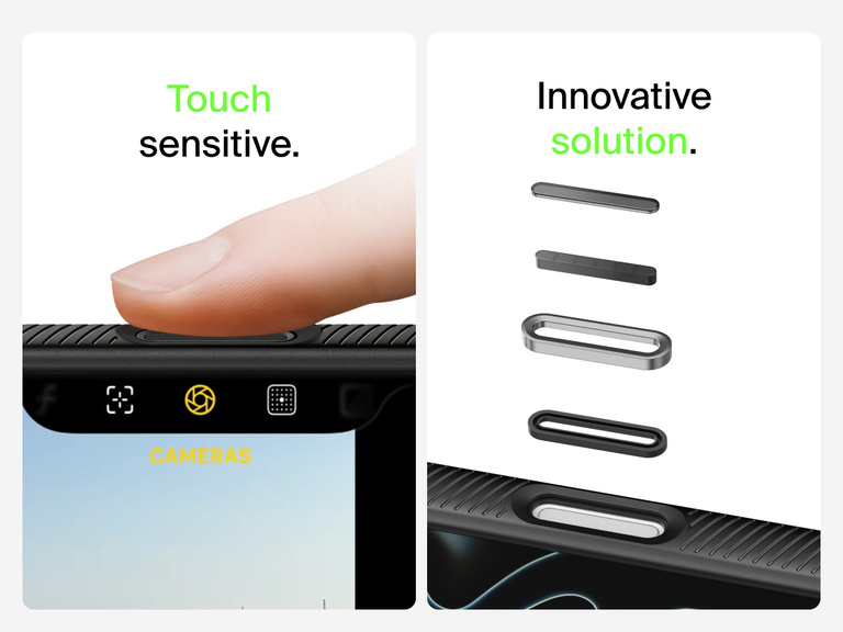 Belkin SheerForce Grip Series Case for iPhone 17 with MagSafe ring, raised edges, and floating tinted buttons for precision protection.