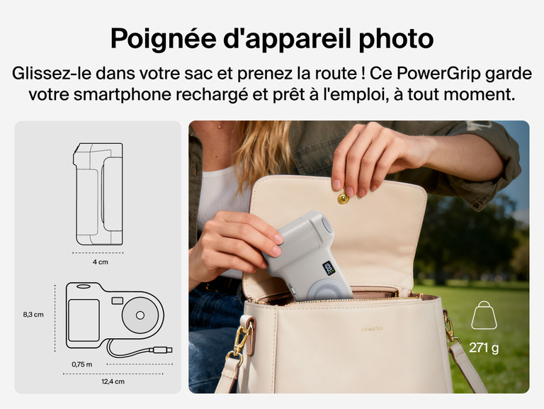 Person placing the Belkin Stage PowerGrip portable magnetic wireless charger into a handbag, shown with product dimensions and lightweight design for easy travel.