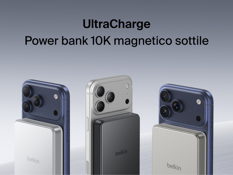 Belkin UltraCharge Slim Magnetic Power Bank 10K attached to smartphones showcasing compact magnetic wireless charging and portable battery design