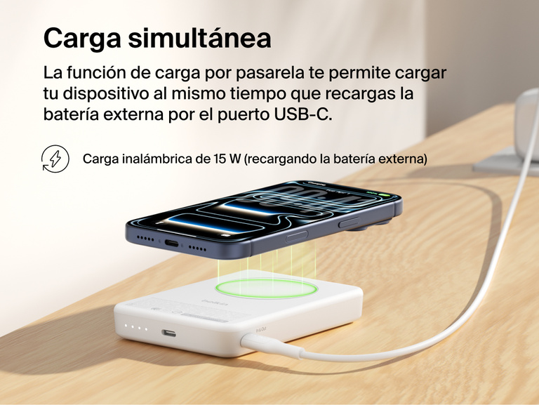 Slim Magnetic Power Bank 10K with Qi2 wirelessly charging smartphone while recharging via USB-C pass-through connection