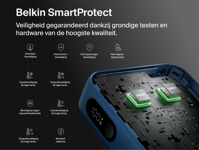 Belkin UltraCharge 20K 45W power bank with integrated cable featuring SmartProtect safety system with multi-layer protection for secure and reliable charging