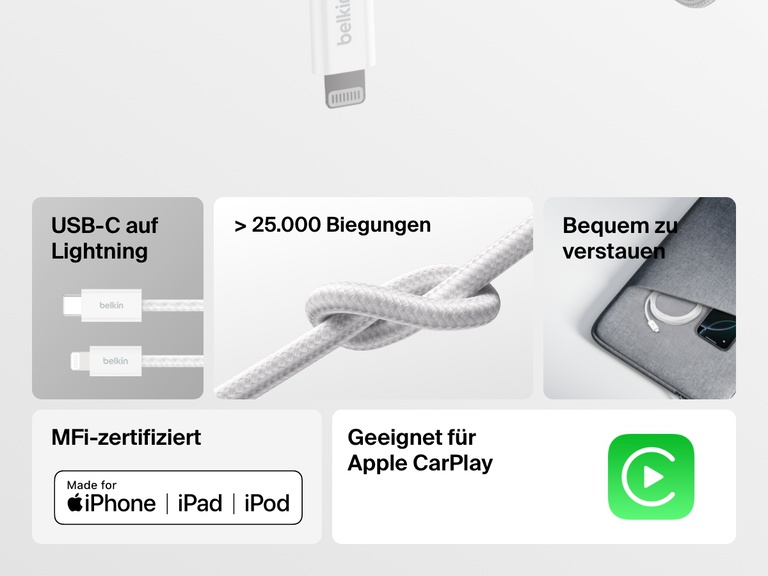 Da das Belkin BoostCharge USB-C-Kabel mit Lightning Connector geflochten und sehr robust ist, hält es mehr als 25.000 Biegungen stand. Es lässt sich leicht verstauen, verfügt über eine MFi-Zertifizierung und eignet sich für Apple CarPlay und für iPhone-, iPad- und iPod-Geräte.