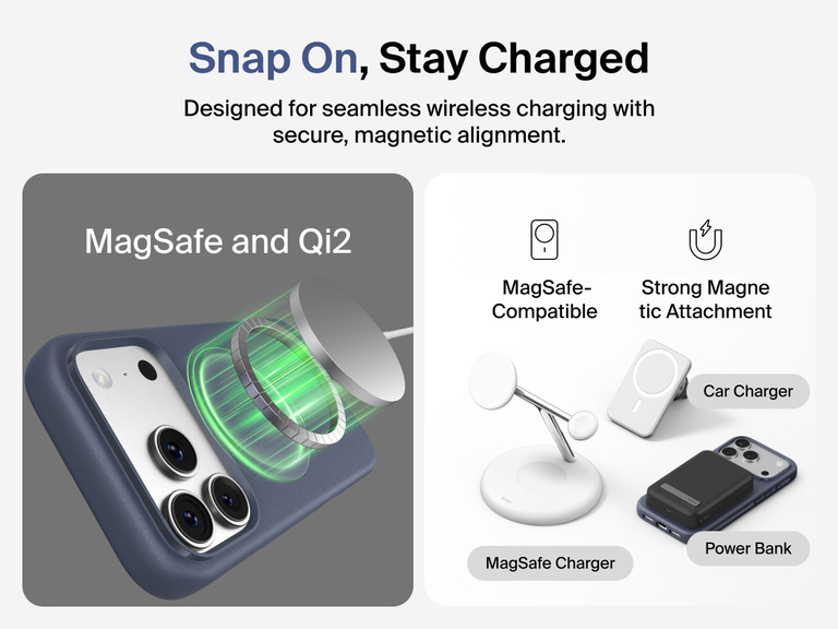 Belkin ScreenForce Protect Series Case for iPhone 17 with raised edges for screen and camera protection, designed for seamless magnetic wireless charging.