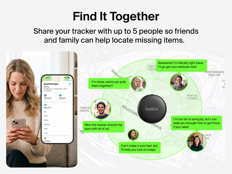 Belkin SureFind Spot can be shared with up to five people so friends and family can help locate missing tracked items.