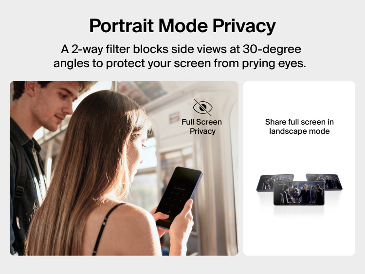 Belkin ScreenForce Titan SmartShield Privacy Filter Screen Protector for Samsung Galaxy S26 demonstrating portrait mode privacy with a 2-way filter that blocks side views at 30-degree angles while allowing full-screen sharing in landscape mode.