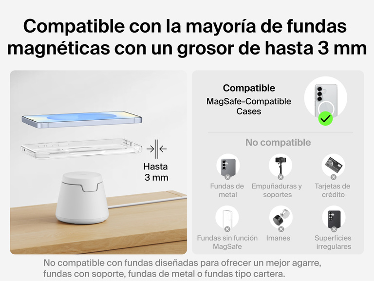 La estaci&oacute;n de carga modular con Qi2 de 25 W Belkin UltraCharge es compatible con fundas magn&eacute;ticas de hasta 3 mm de grosor y habilita una alineaci&oacute;n optimizada para una carga inal&aacute;mbrica fiable sin necesidad de usar fundas met&aacute;licas ni tipo cartera.