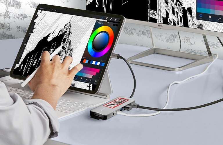Image showing the Belkin Connect USB-C 7-in-1 Multiport Hub connected between a laptop and external monitor, emphasizing support for 4K@60Hz visual clarity via the dedicated HDMI port.
