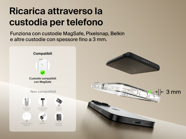 Belkin BoostCharge Slim Magnetic Power Bank 5K shown aligning with a smartphone and MagSafe-compatible case, demonstrating wireless charging through cases up to 3mm thick.