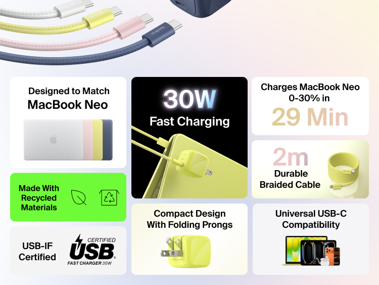 Belkin BoostCharge Compact USB-C Charger 30W and 2m braided USB-C cable featuring fast charging, folding prongs, GaN technology, recycled materials, and universal USB-C compatibility.