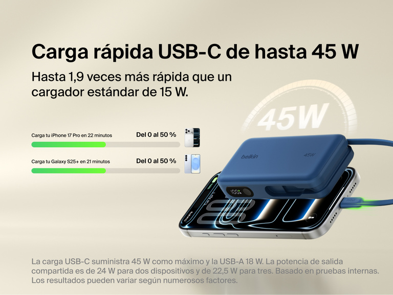 Belkin UltraCharge 10K power bank with integrated USB-C cable and digital display delivering up to 45W fast charging for smartphones and portable devices