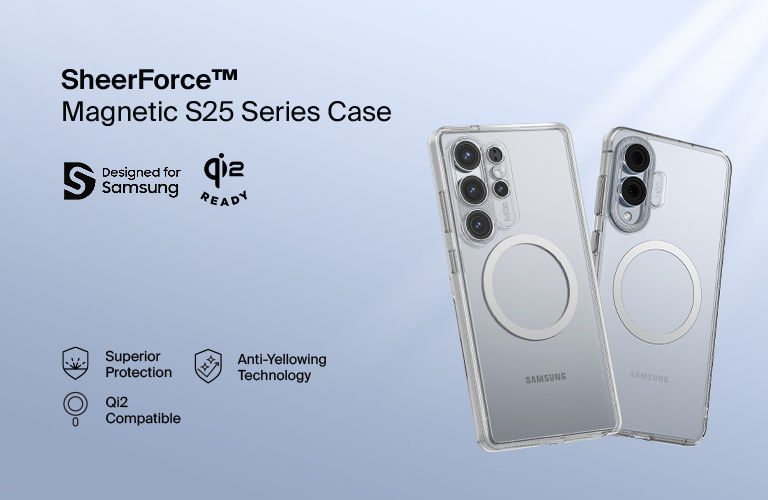 A promotional image of the SheerForce™ Magnetic iPhone Case, featuring a clear, MagSafe-compatible design. The case offers anti-yellowing technology and superior protection while maintaining the sleek look of the iPhone. The image highlights key features with icons, including MagSafe compatibility, durability, and long-lasting clarity.