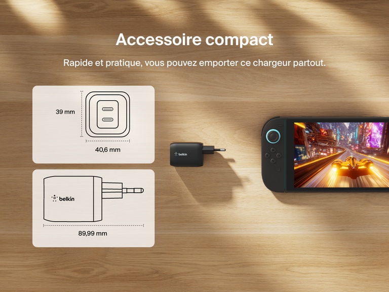 Le chargeur secteur 2 ports USB-C Belkin Gaming (65 W) est doté d’un design compact ; l'idéal pour recharger rapidement la Nintendo Switch 2 en déplacement.