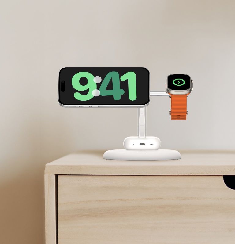 Station de recharge 3-en-1 avec Qi2 (15 W) rapide et sans fil pour iPhone, AirPods et Apple Watch
