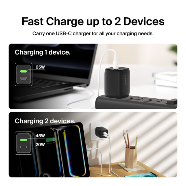 Split-image showing a compact black USB-C wall charger in use. The top image shows one device charging at 65W, while the bottom image shows two devices charging simultaneously at shared power levels. Text reads &lsquo;Fast Charge up to 2 Devices&rsquo; and &lsquo;Carry one USB-C charger for all your charging needs.&rsquo;