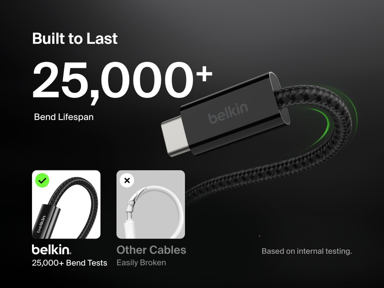 Image of the Belkin BoostCharge USB-A to USB-C Cable 15W highlighting its ultra-durable braided design with 25,000+ bend lifespan for long-lasting performance.
