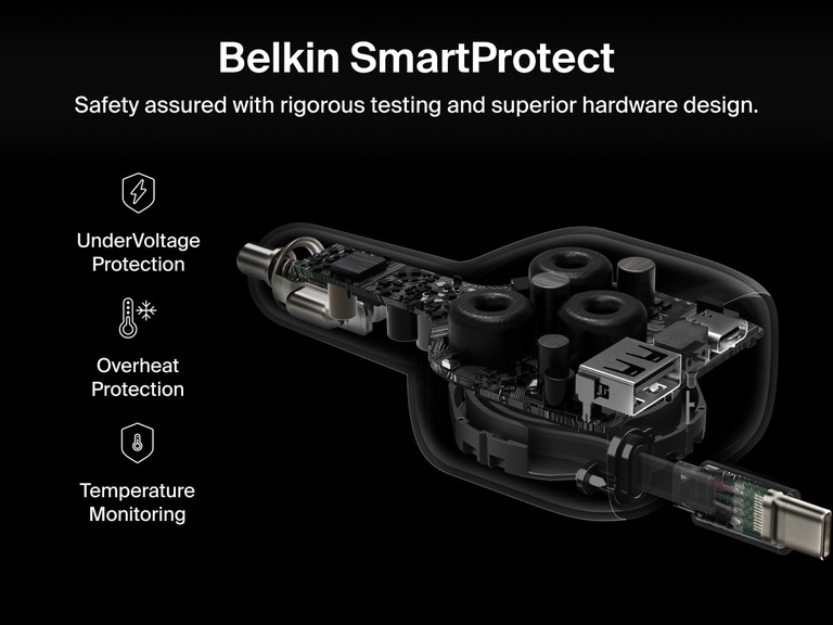 Image of the Belkin BoostCharge Retractable Car Charger 75W with Belkin SmartProtect technology, featuring under-voltage protection, overheat protection, and temperature monitoring for safe charging.