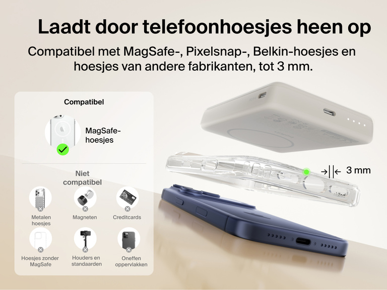 Belkin BoostCharge Slim Magnetic Power Bank 10K charging through MagSafe-compatible phone case up to 3mm thickness with secure magnetic alignment